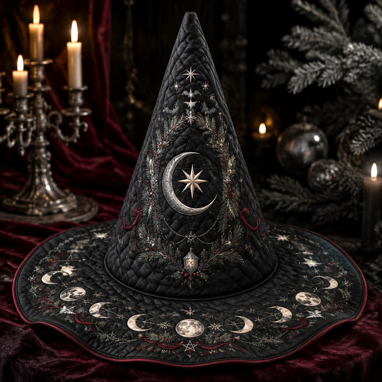Gothic Yule Moon Phase Witch Hat – Winter Solstice Pagan Wide Brim Hat – on an altar table