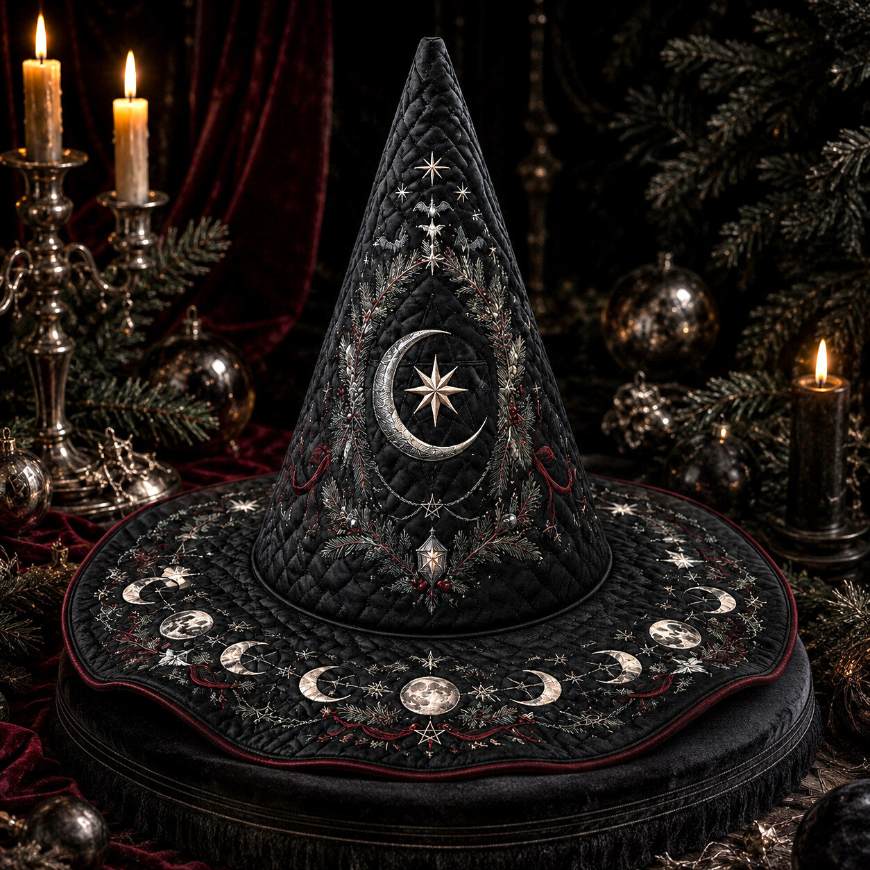 Gothic Yule Moon Phase Witch Hat – Winter Solstice Pagan Wide Brim Hat – styled with candles and crystals