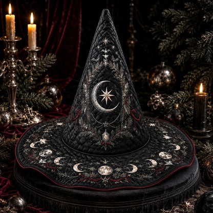 Gothic Yule Moon Phase Witch Hat – Winter Solstice Pagan Wide Brim Hat – styled with candles and crystals
