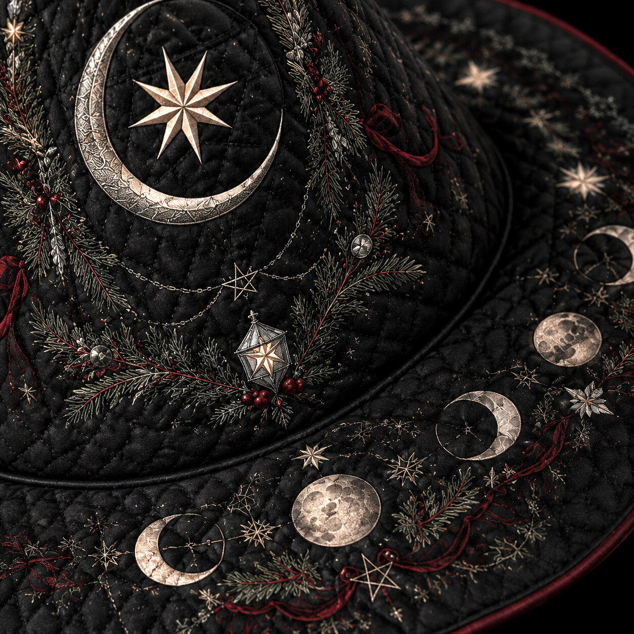 Gothic Yule Moon Phase Witch Hat – Winter Solstice Pagan Wide Brim Hat – quilting and print detail