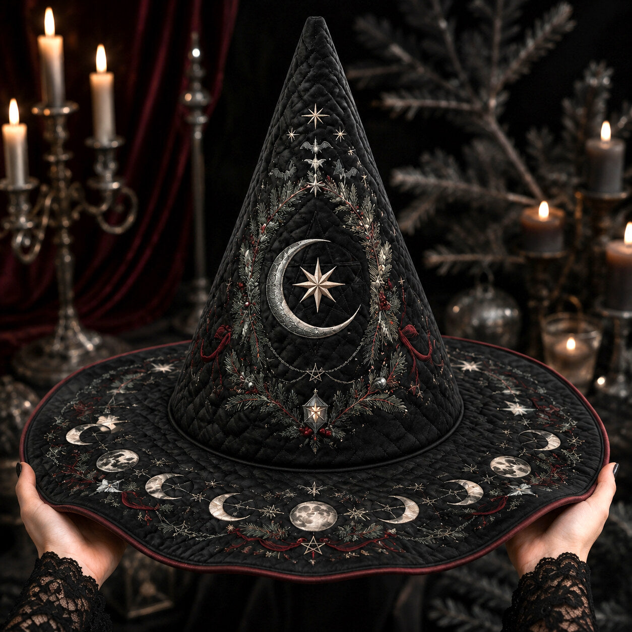 Gothic Yule Moon Phase Witch Hat – Winter Solstice Pagan Wide Brim Hat – held in both hands