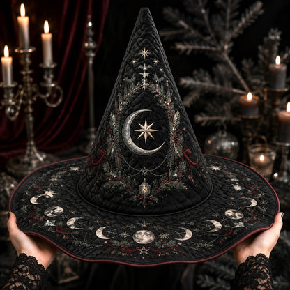 Gothic Yule Moon Phase Witch Hat – Winter Solstice Pagan Wide Brim Hat – held in both hands
