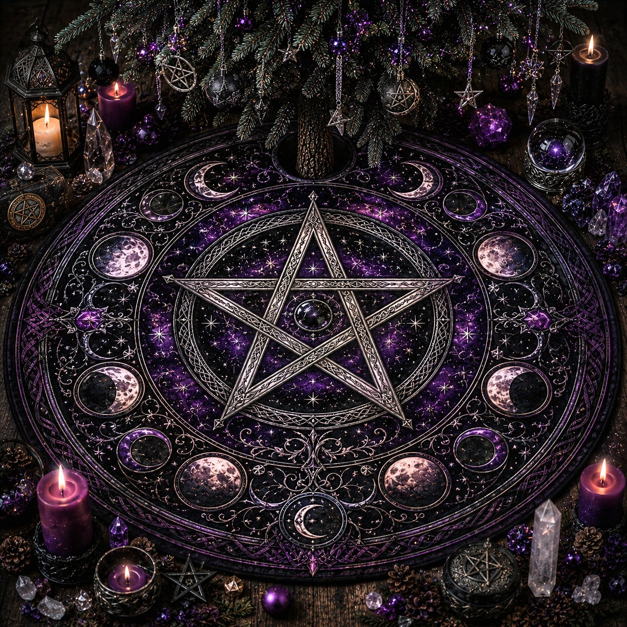 Witchcraft tree skirt with pentagram, candles, and crystals on a dark background