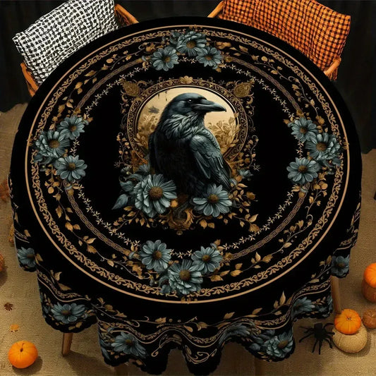 Gothic Raven Halloween Tablecloth – Floral Crow Dark Decor