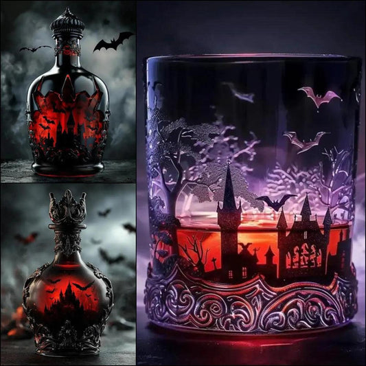Gothic Vampires Whiskey Decanter Glass Liquor Bottle with Bat Castle Design Halloween Bar Decor for Witch