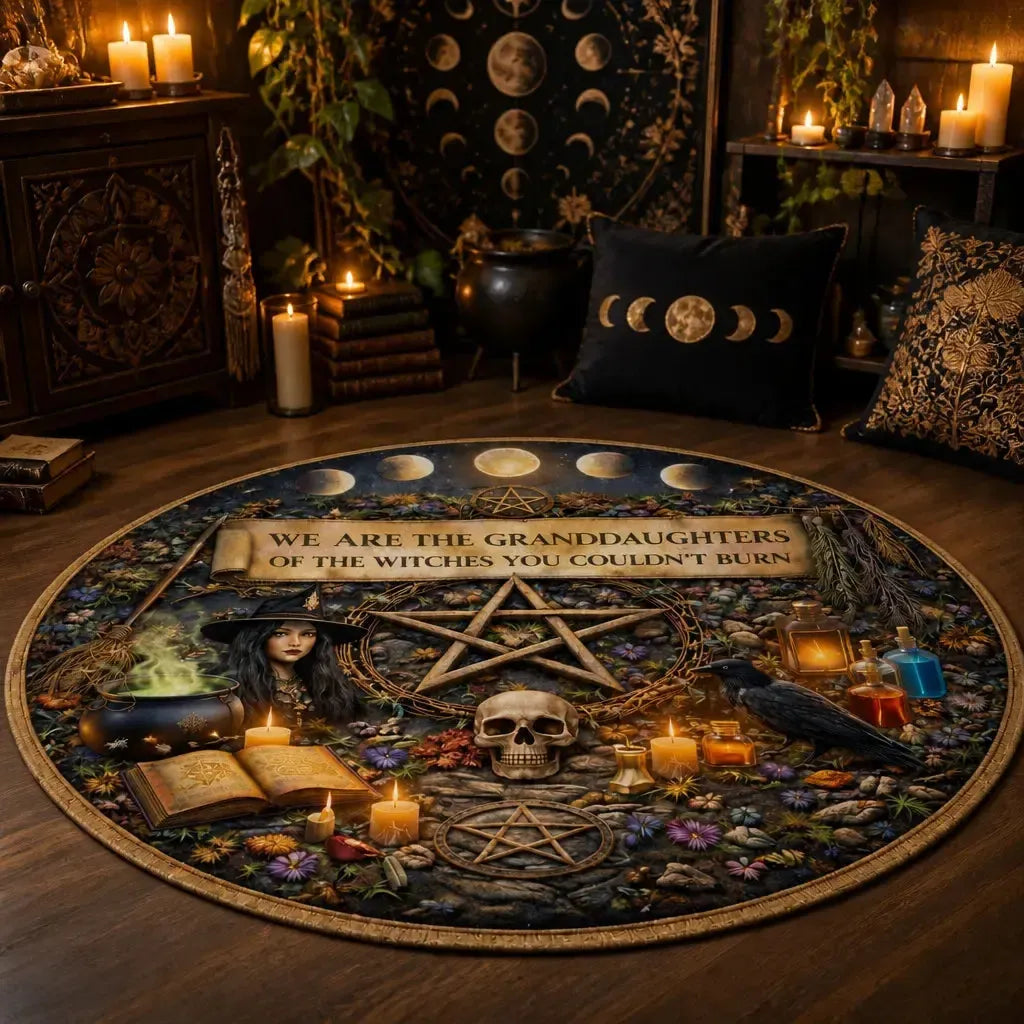 Granddaughter Witch Halloween Round Rug - Gothic Skull Raven Pentacle Carpet for Wiccan Home Decor_mockup_1.webp