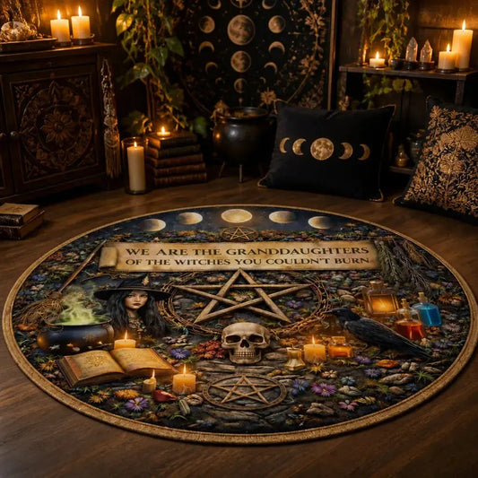 Granddaughter Witch Halloween Round Rug - Gothic Skull Raven Pentacle Carpet for Wiccan Home Decor_mockup_1.webp
