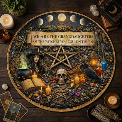 Granddaughter Witch Halloween Round Rug - Gothic Skull Raven Pentacle Carpet for Wiccan Home Decor_mockup_2.webp