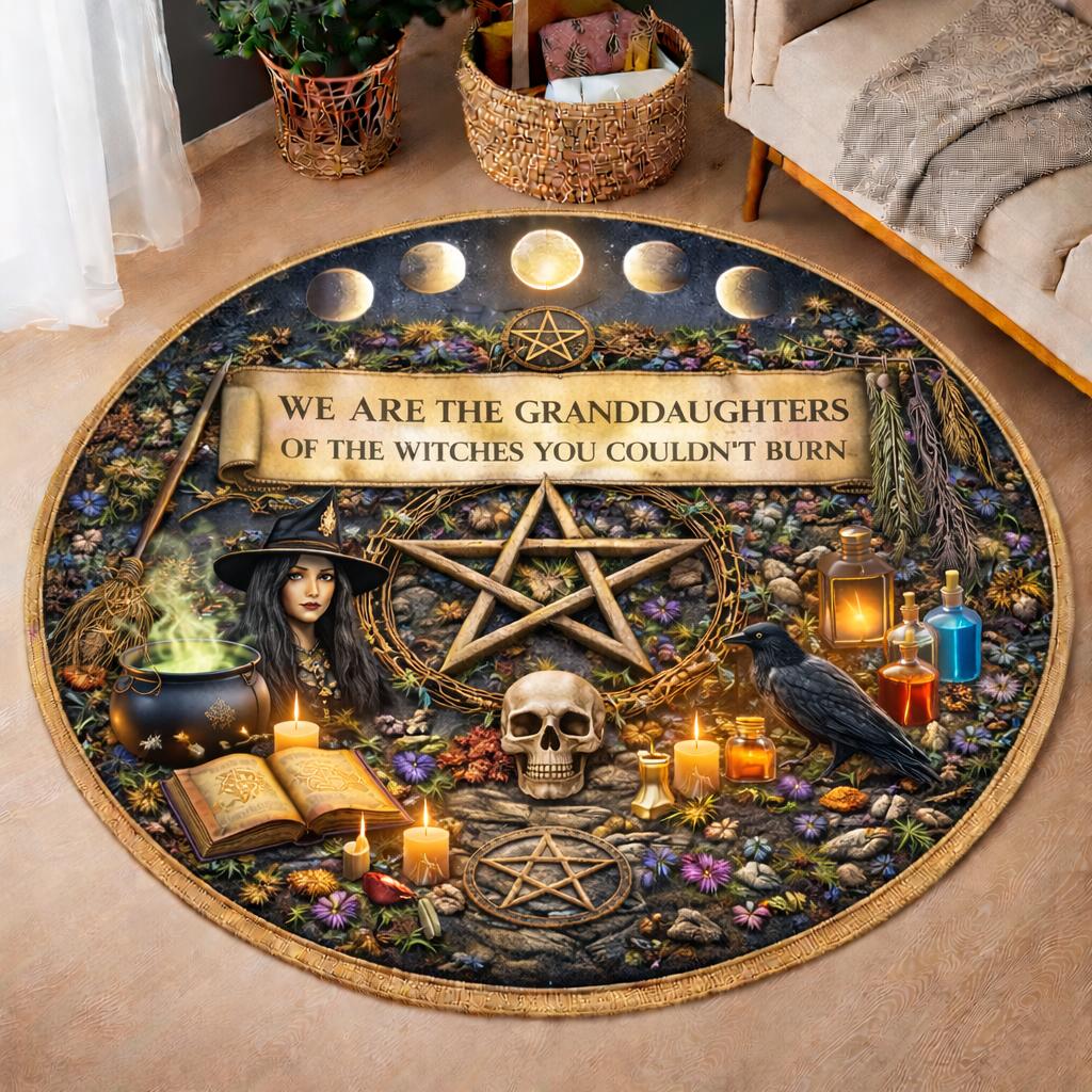 Round black witchy rug with "Granddaughters of Witches" banner, pentacle, skull, raven, and witch.