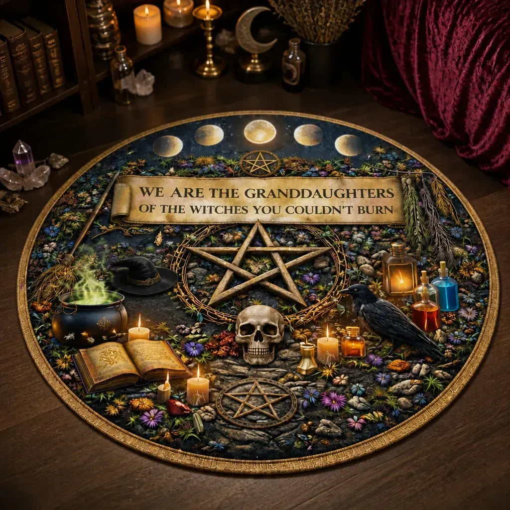 Granddaughter Witch Halloween Round Rug - Gothic Skull Raven Pentacle Carpet for Wiccan Home Decor_mockup_3.webp