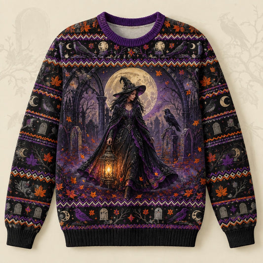 Graveyard Witch Sweater Lantern Raven Headstone Gothic Knit front view