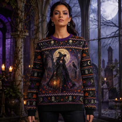 Graveyard Witch Sweater Lantern Raven Headstone Gothic Knit worn, front view