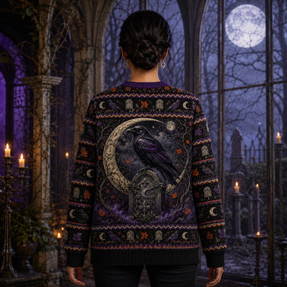 Graveyard Witch Sweater Lantern Raven Headstone Gothic Knit worn, back view