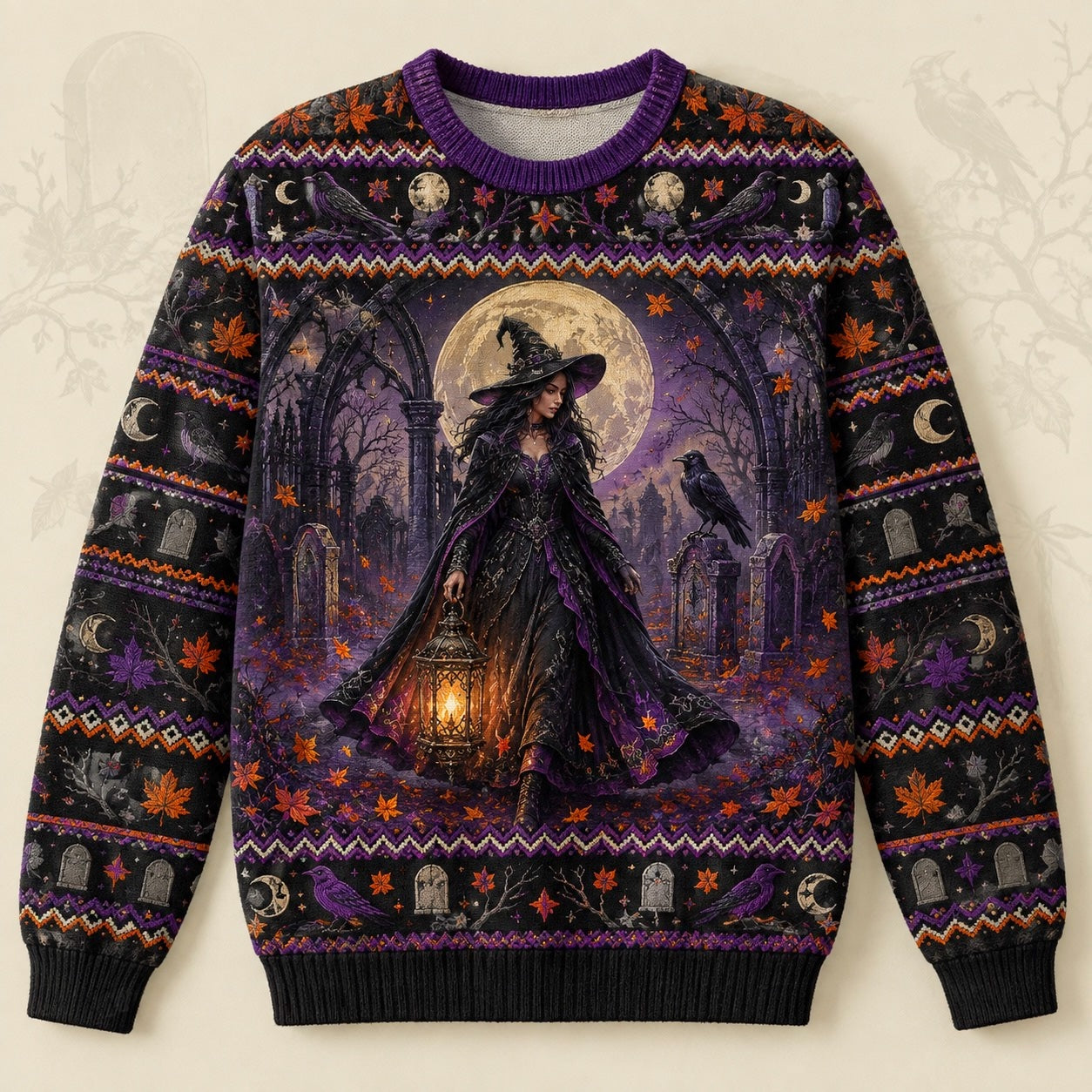Graveyard Witch Sweater Lantern Raven Headstone Gothic Knit front view