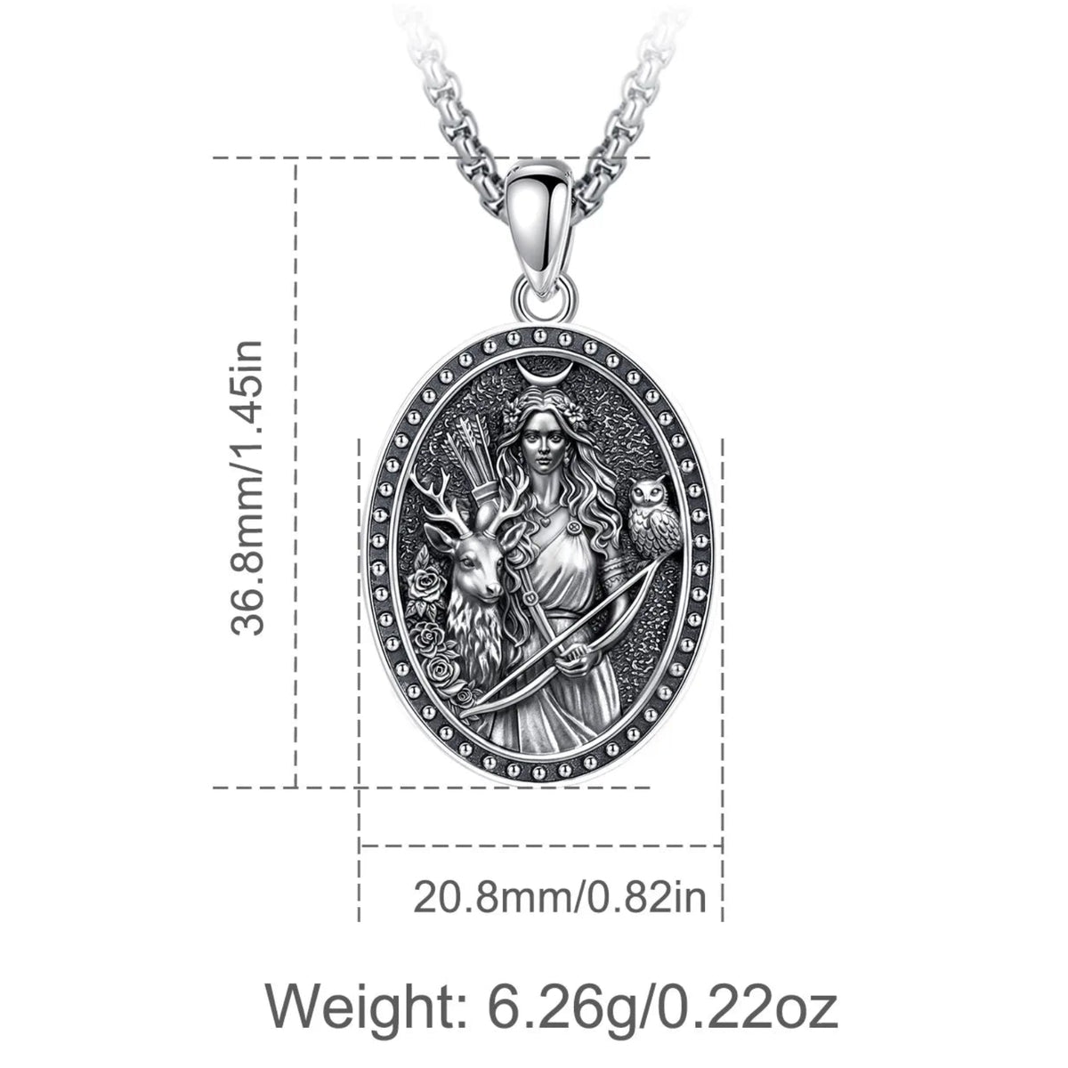 Artemis pendant worn at the collarbone