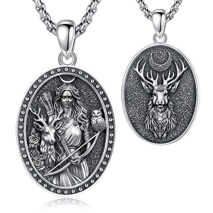 Greek goddess Artemis necklace with moon, deer and owl pendant
