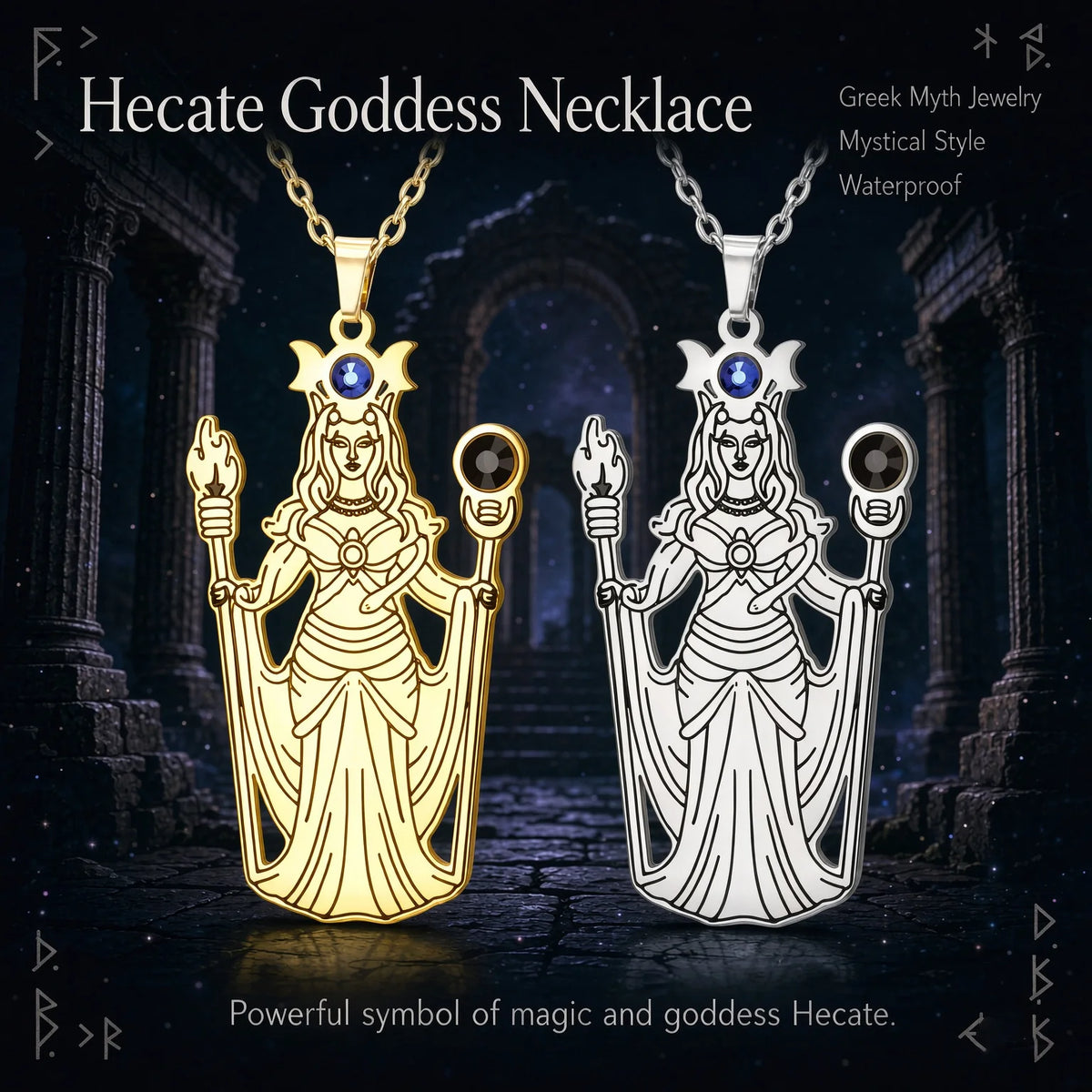 Greek Hecate goddess pendant necklace in stainless steel