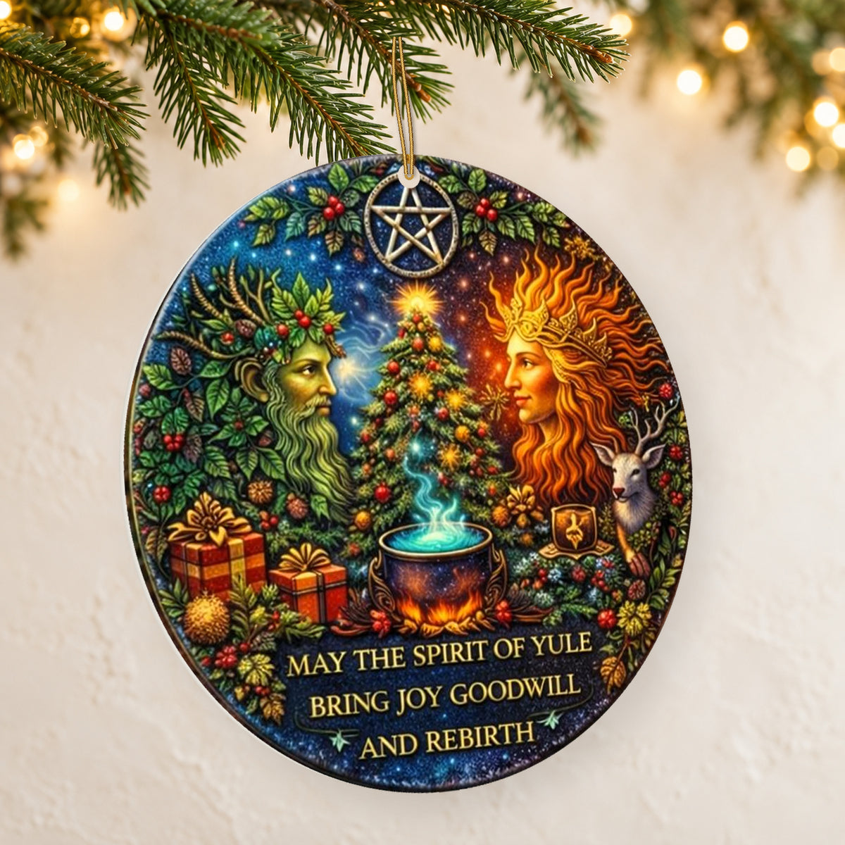 Green Elder & Flame-Haired King Pagan Yule Ceramic Ornament – Wiccan Holiday Tree Decor — thin double-sided ceramic ornament, left angled hanging view.