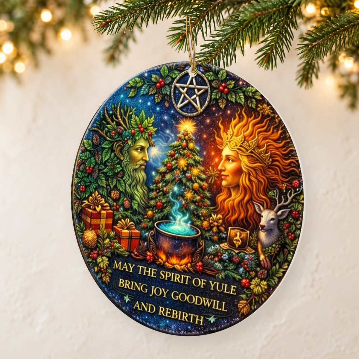 Green Elder & Flame-Haired King Pagan Yule Ceramic Ornament – Wiccan Holiday Tree Decor — thin double-sided ceramic ornament, reverse-side right angled hanging view, identical double-sided print.