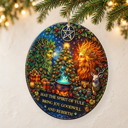 Green Elder & Flame-Haired King Pagan Yule Ceramic Ornament – Wiccan Holiday Tree Decor — thin double-sided ceramic ornament, reverse-side right angled hanging view, identical double-sided print.