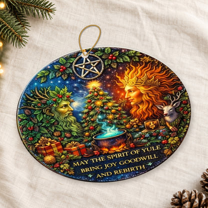 Green Elder & Flame-Haired King Pagan Yule Ceramic Ornament – Wiccan Holiday Tree Decor — thin double-sided ceramic ornament, oblique overhead flat-lay view on linen.