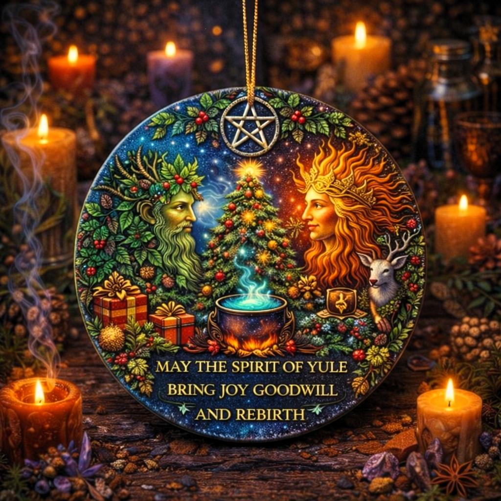Round ceramic Yule ornament with green Goddess, golden God, tree, and "May the Spirit of Yule" text.