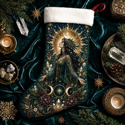 Green Goddess Christmas Stocking Moon Crown Pagan Solstice Decor, styled shot 4