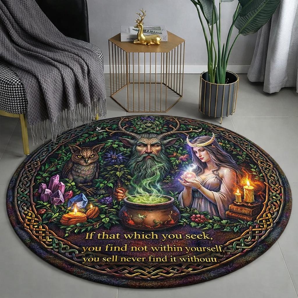 Green Man Moon Goddess pagan round rug with cauldron, owl, and mystical figures.