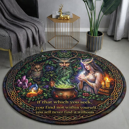 Green Man Moon Goddess pagan round rug with cauldron, owl, and mystical figures.