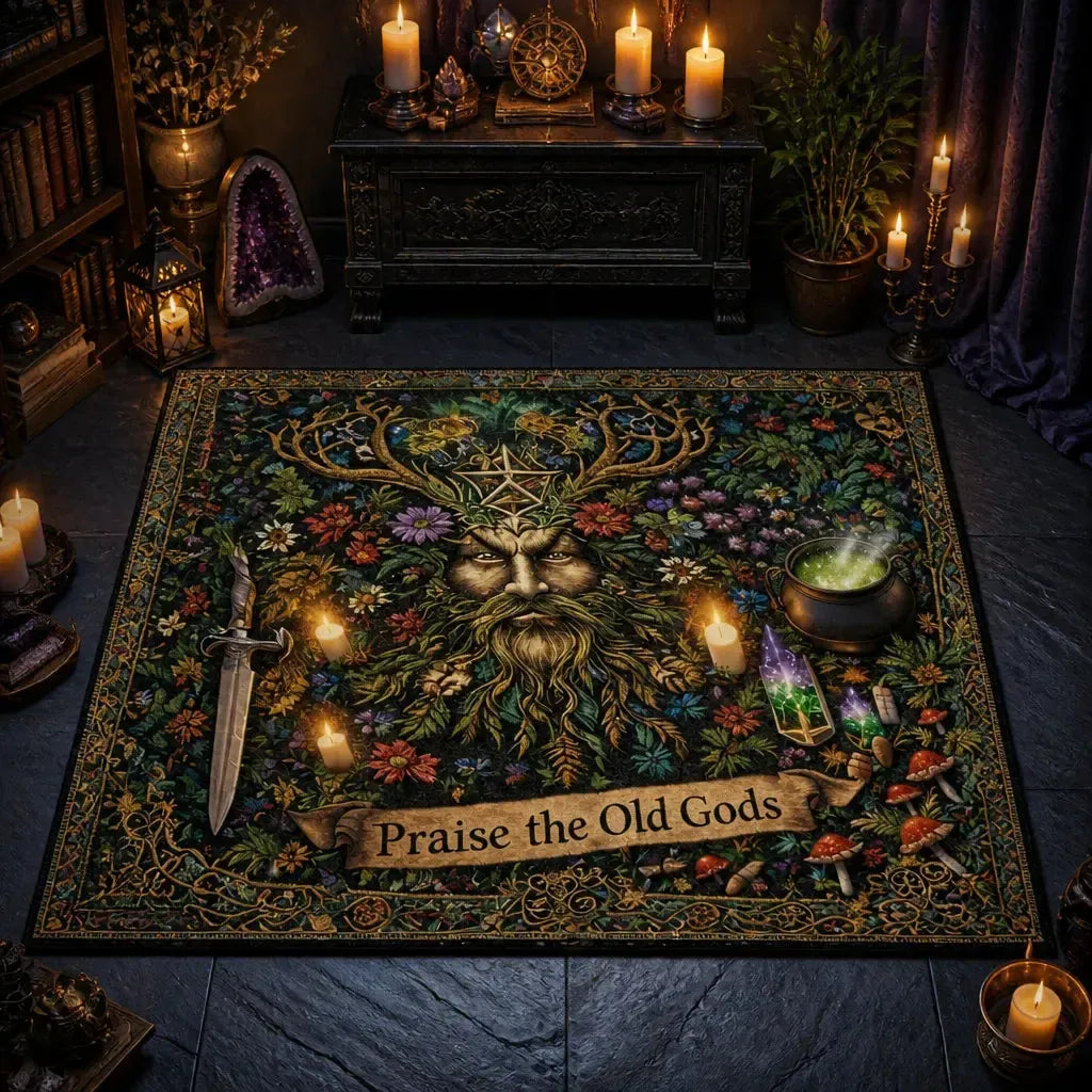 Green Man Pagan Area Rug – Spiritual Wiccan Altar Carpet for Witchy Decor_mockup_2.webp