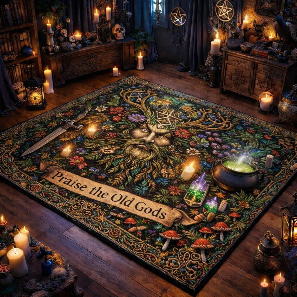 Green Man Pagan Area Rug – Spiritual Wiccan Altar Carpet for Witchy Decor-MoonChildWorld