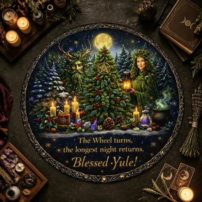 Green Man Pagan Goddess Round Rug - Blessed Yule Wiccan Carpet Home Decor_mockup_2.webp