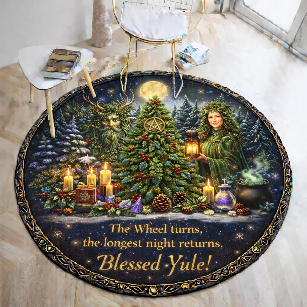 Green Man Pagan Goddess round rug with Yule tree, candles, and "Blessed Yule!" text.