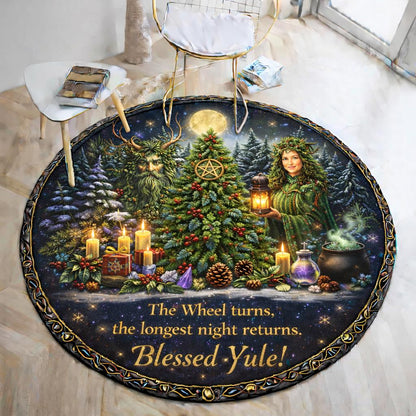Green Man Pagan Goddess round rug with Yule tree, candles, and "Blessed Yule!" text.