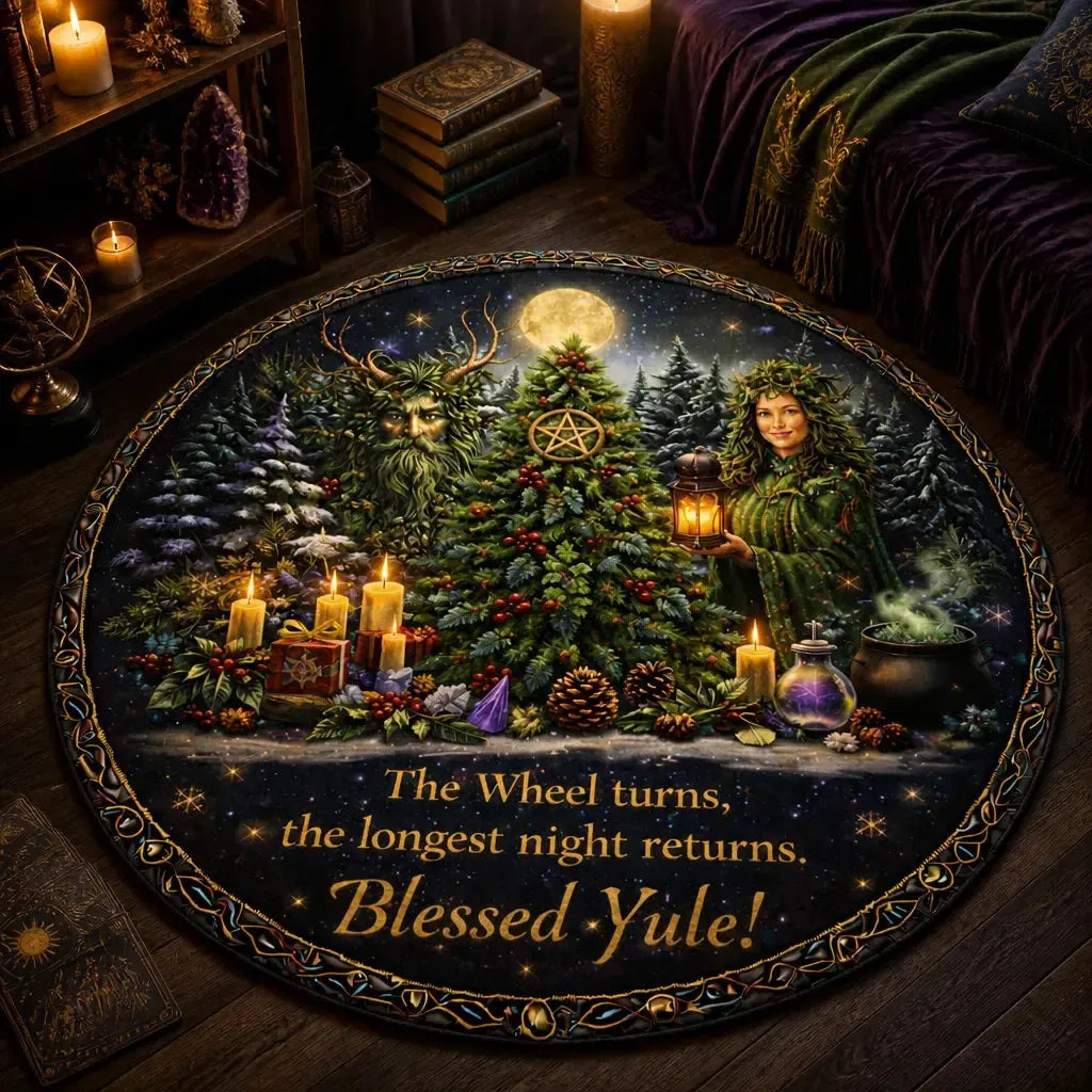 Green Man Pagan Goddess Round Rug - Blessed Yule Wiccan Carpet Home Decor_mockup_3.webp