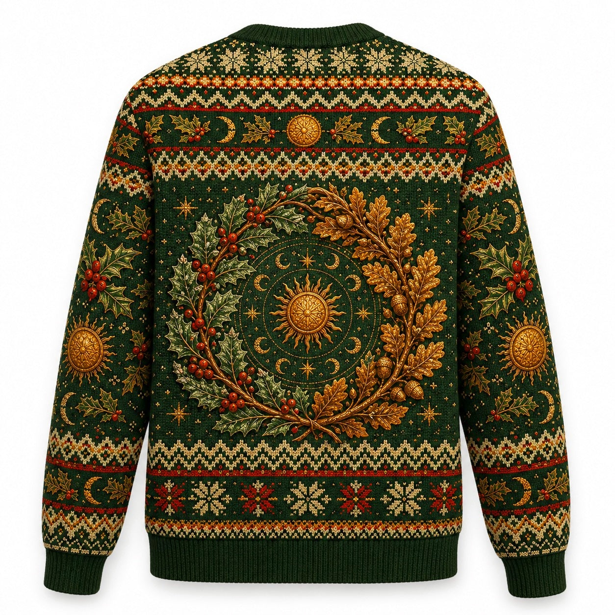 Green Man Sweater Oak Leaf Sun Wheel Forest Pagan Knit back view