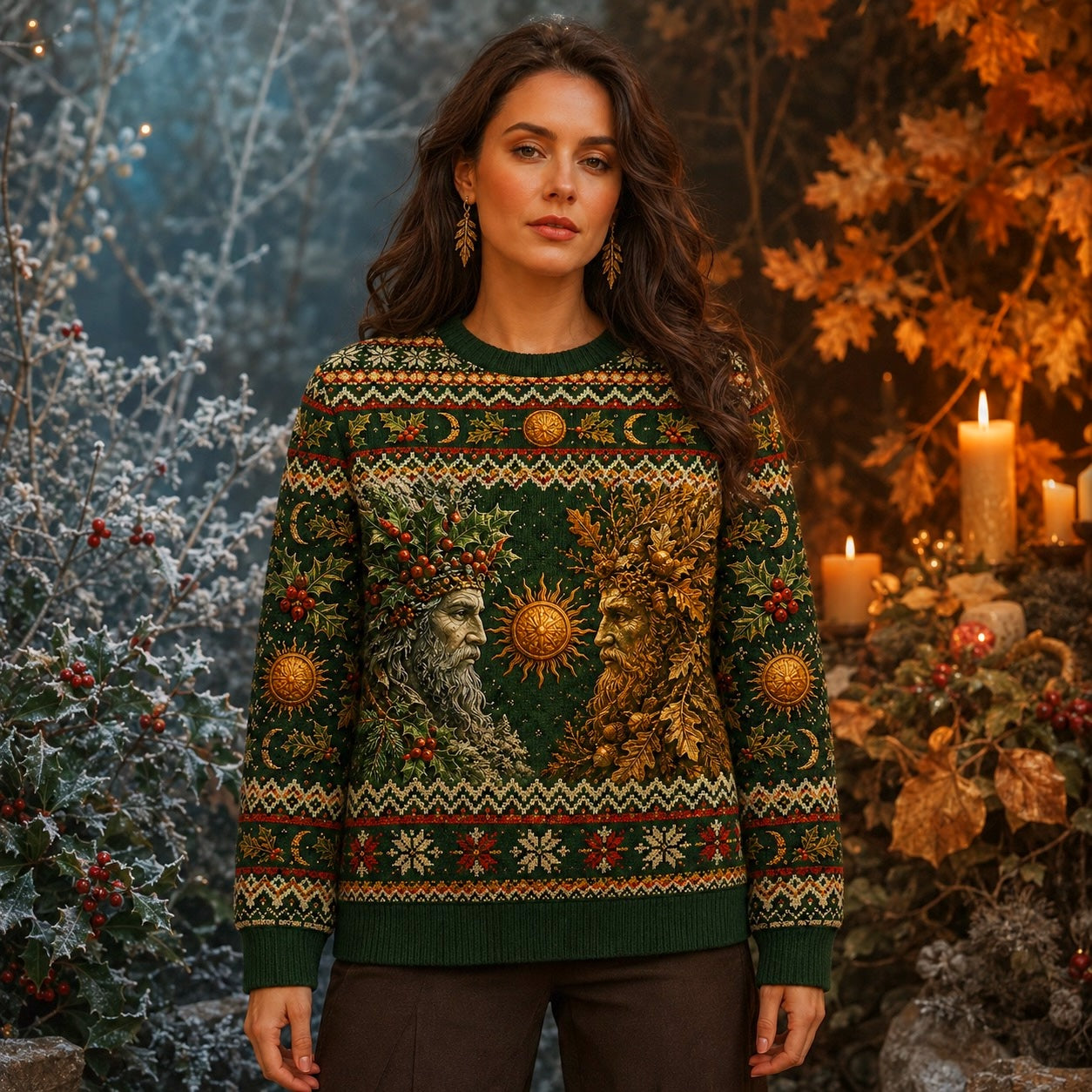 Green Man Sweater Oak Leaf Sun Wheel Forest Pagan Knit worn, front view
