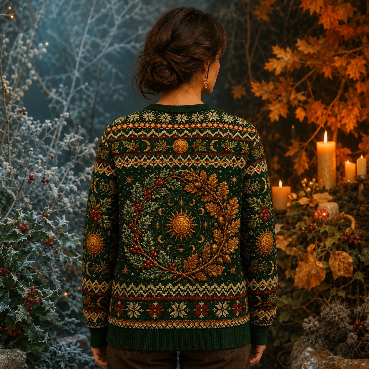 Green Man Sweater Oak Leaf Sun Wheel Forest Pagan Knit worn, back view