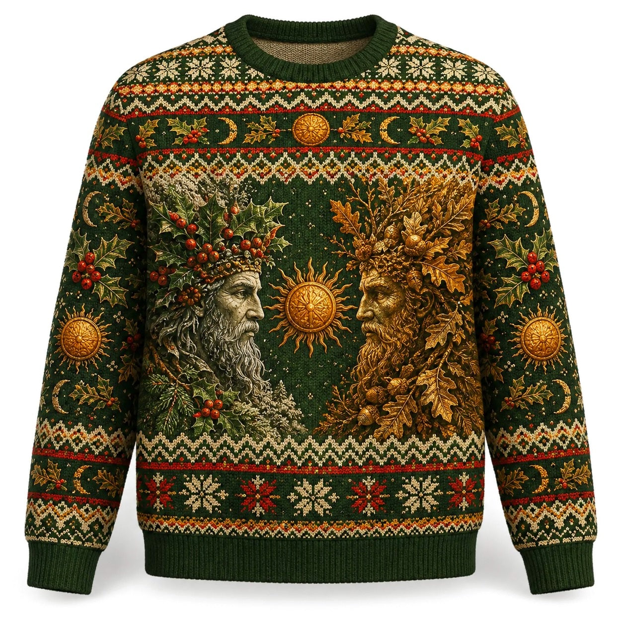 Green Man Sweater Oak Leaf Sun Wheel Forest Pagan Knit front view