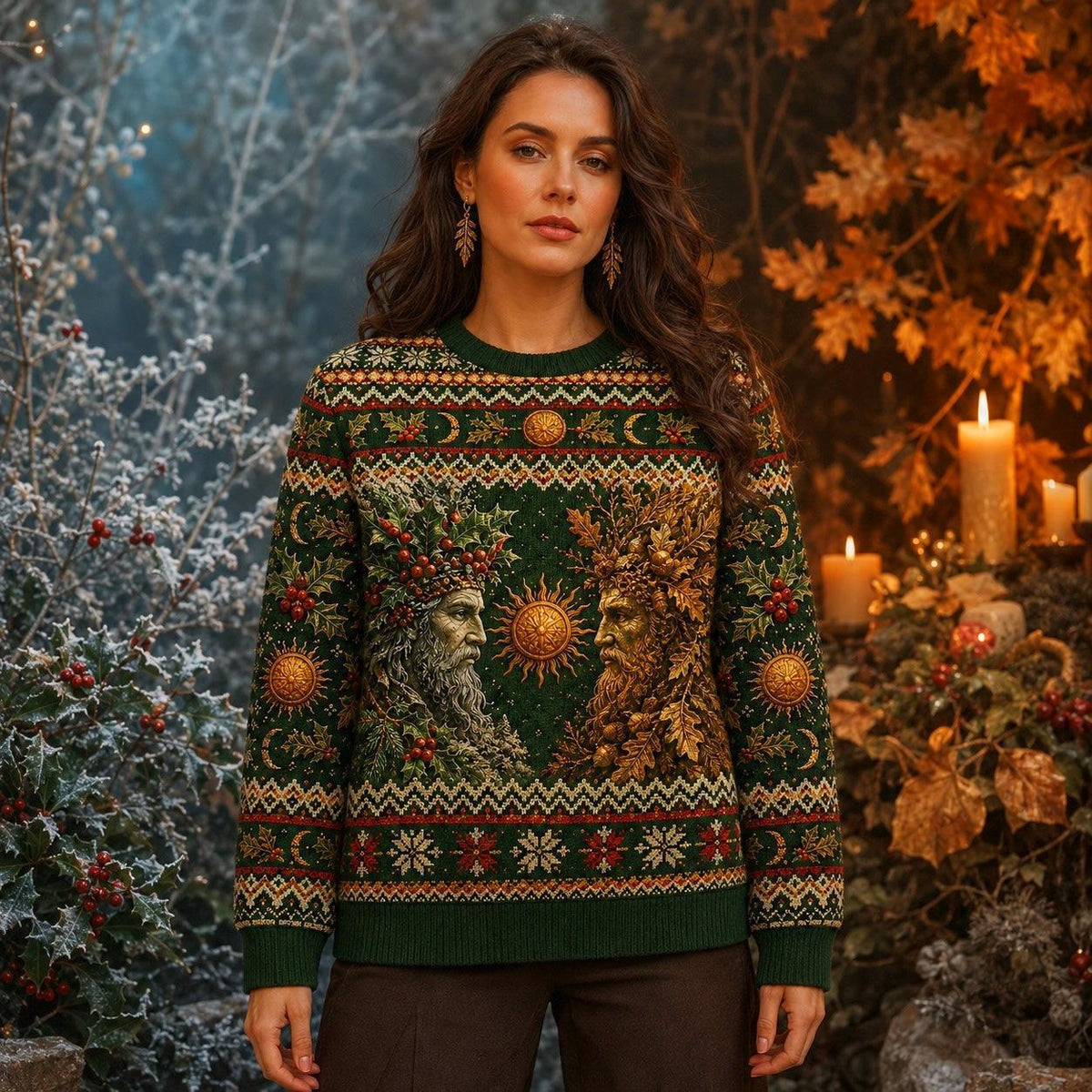 Green Man Sweater Oak Leaf Sun Wheel Forest Pagan Knit worn, front view