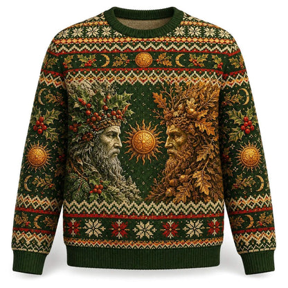 Green Man Sweater Oak Leaf Sun Wheel Forest Pagan Knit front view