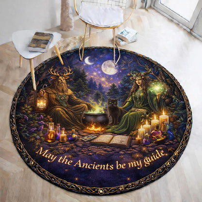 Green Man & Mother Earth Goddess pagan round rug with "May the Ancients be my guide" text.