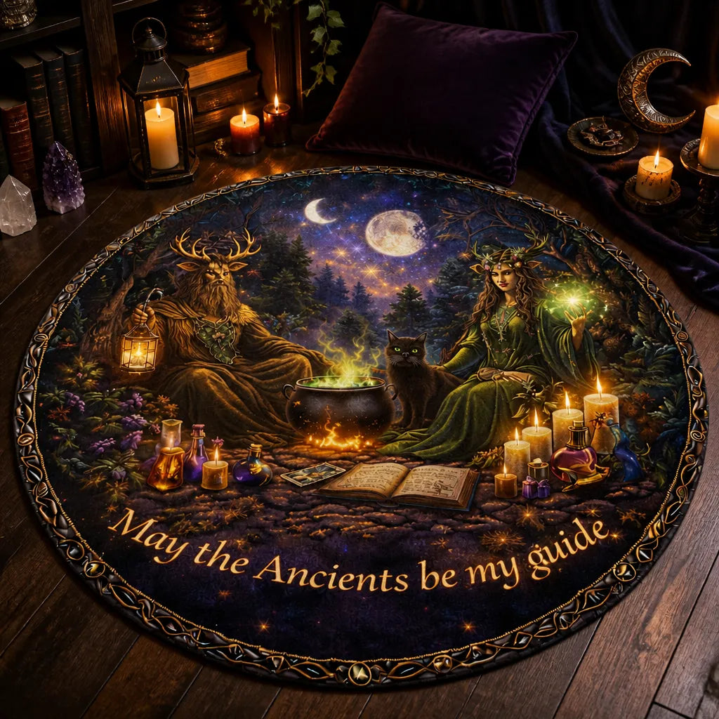 Green Man and Mother Earth Goddess Pagan Round Rug - Wiccan Carpet Witch Home Decor_mockup_3.webp