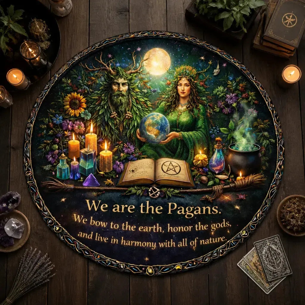 Green Man and Mother Earth Goddess Pagan Round Rug Wiccan Carpet for Yule Home Decor_mockup_2.webp