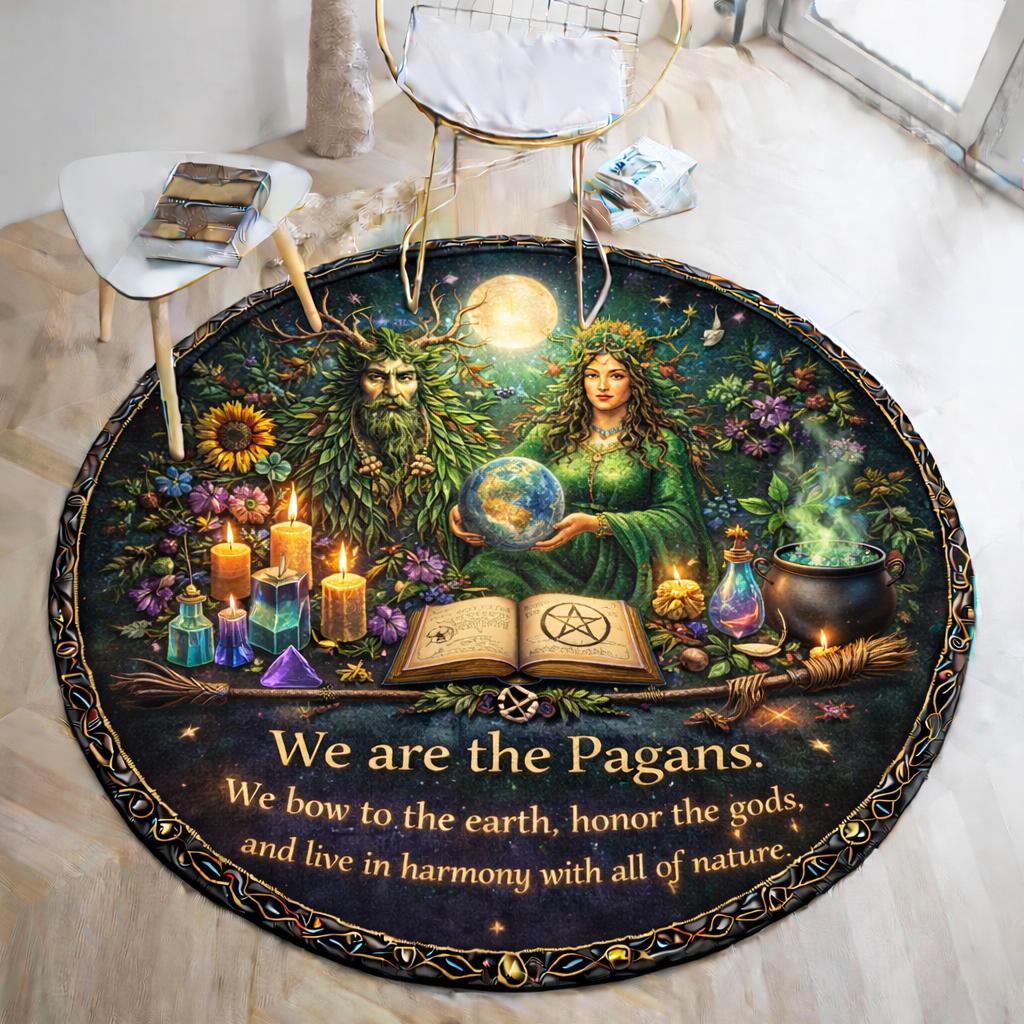 Round pagan rug with Green Man, Mother Earth, full moon, candles, and "We are the Pagans" text.