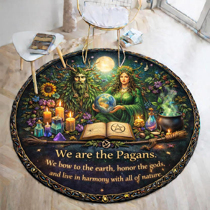 Round pagan rug with Green Man, Mother Earth, full moon, candles, and "We are the Pagans" text.