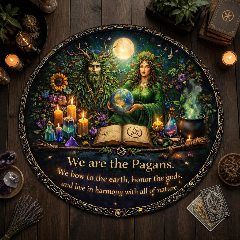 Green Man and Mother Earth Goddess Pagan Round Rug Wiccan Carpet for Yule Home Decor_mockup_2.webp