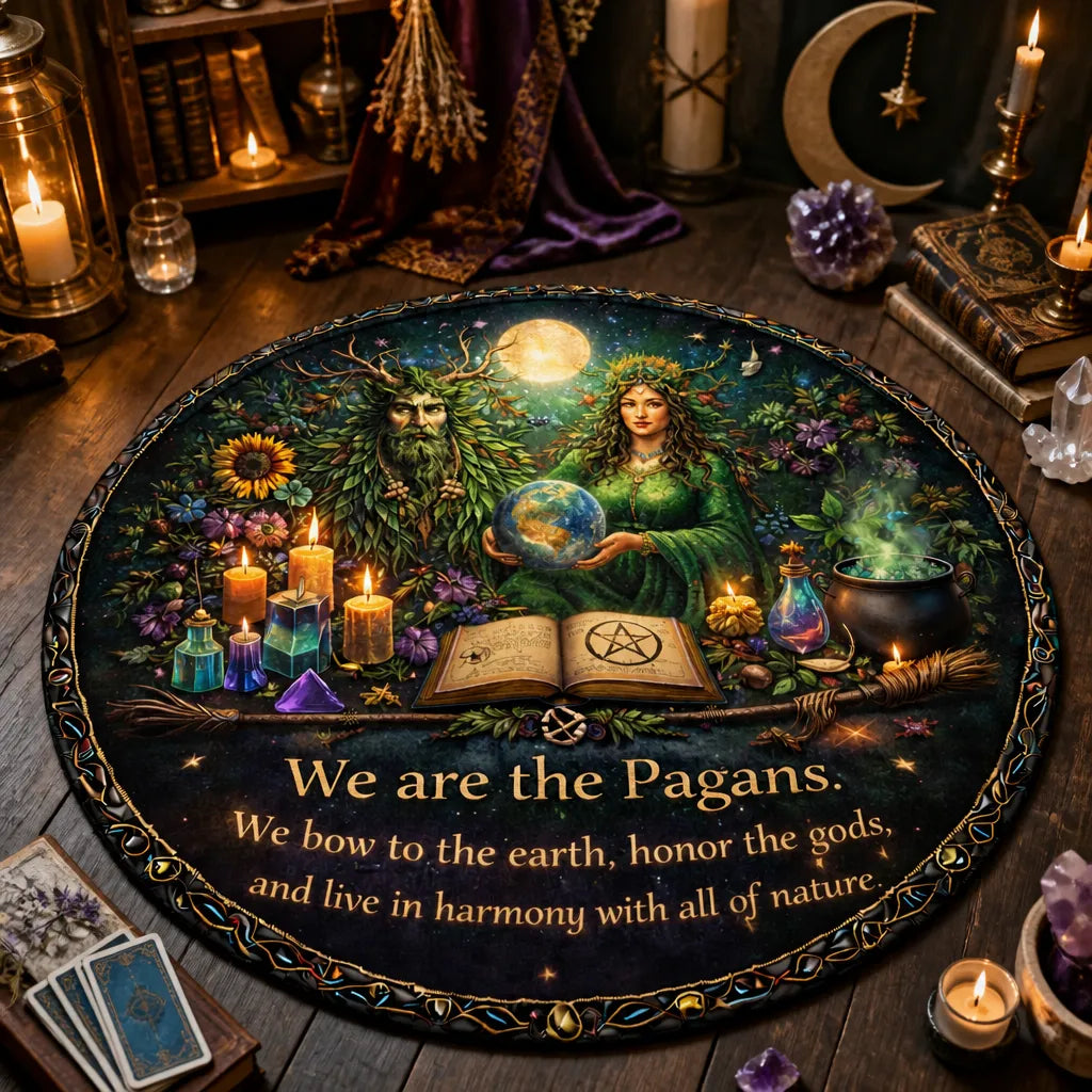 Green Man and Mother Earth Goddess Pagan Round Rug Wiccan Carpet for Yule Home Decor_mockup_3.webp
