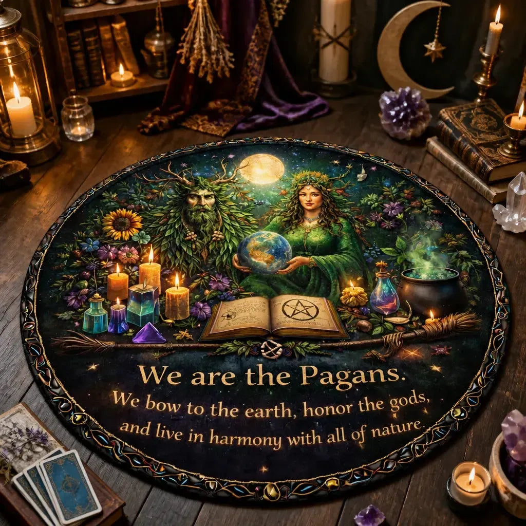Green Man and Mother Earth Goddess Pagan Round Rug Wiccan Carpet for Yule Home Decor_mockup_3.webp