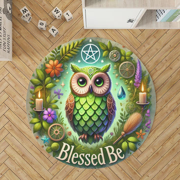 Green Owl Wicca Round Rug Magic Owl Carpet for Witchy Home Decor-MoonChildWorld